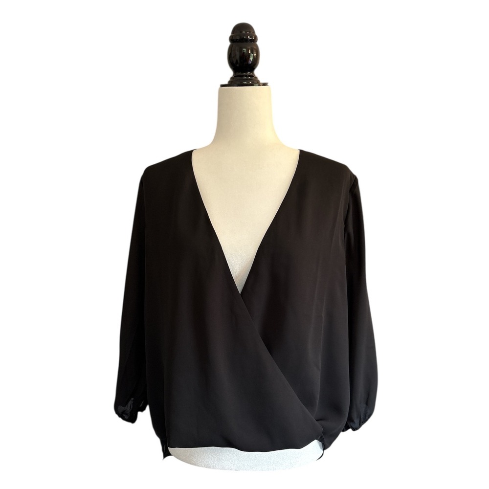 NWT Philosophy Republic Black Wrap Sheer Blouse Long Sleeve Elegant Womens Large